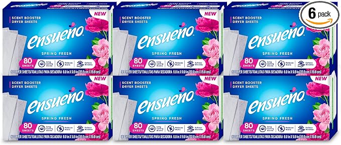 Ensueño Fabric Softener Laundry Dryer Sheets - Spring Fresh Scent - (6 Pack) 80 Count - Scent Booster Laundry Sheets - Softens Wrinkles & Reduces Static