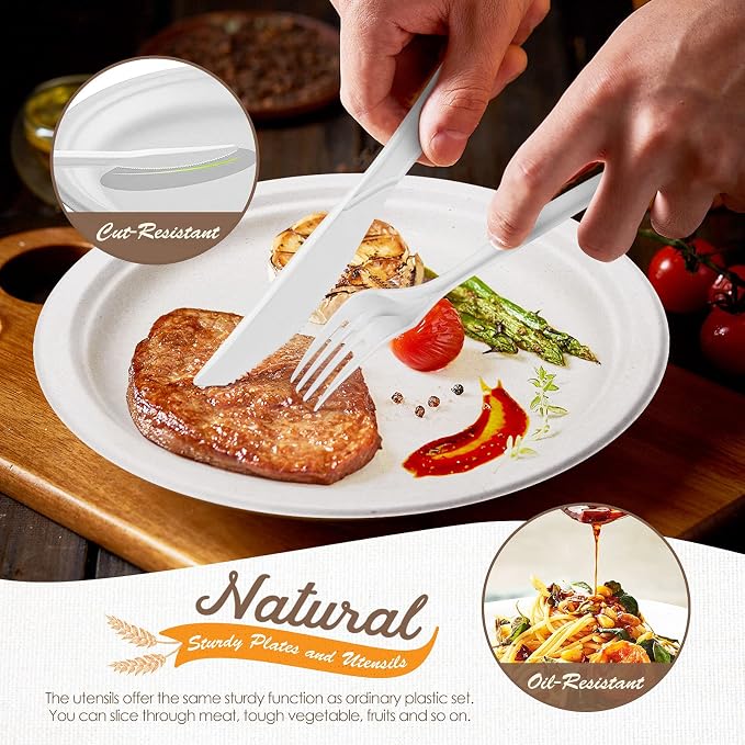 Gezond Compostable Paper Plates 350pcs Disposable Plates for Wedding Party Eco-friendly Sugarcane Plates Biodegradable Cutlery Forks Knives Spoons Cups and Straws for 50 People White