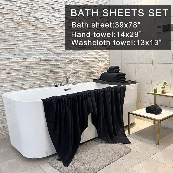 YTYC 39x78 Bath Sheets Set,Towels for Bathroom,Black,6-Pieces | 2 Extra Large Bath Towels, 2 Hand Towels, 2 Washcloths, Super Soft,Highly absorbent,Hanging Loop,80% Polyester