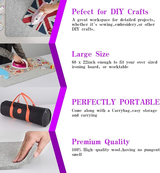 Rdutuok Wool Pressing Mat, 60" x 22", 100% New Zealand Wool Ironing Mat | Extra Large 1/2" Thick Ironing Pad with Carrying Case for Quilting, Sewing, Embroidery and Large Quilt Projects