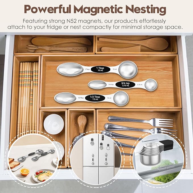 Magnetic Measuring Cups and Spoons Set – 304 Stainless Steel | Dual-sided Design | 15-Piece with Leveler | N52 Space-Saving Magnetic Nesting | Baking & Meal Prep | Kitchen Gift (Black)
