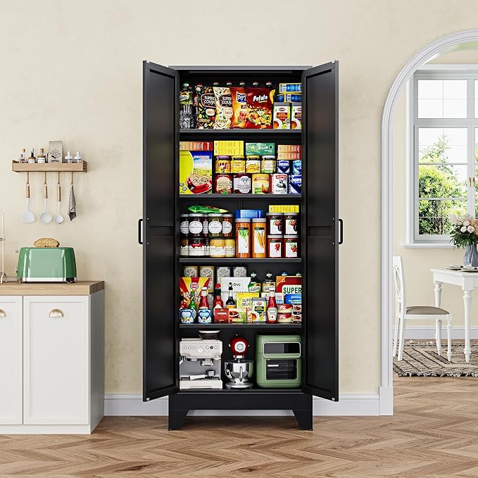 75" H Metal Storage Cabinet with 2 Doors and 4 Shelves,Tall Kitchen Pantry Cabinets,Farmhouse Utility Pantry Organizers for Cupboard/Dining/Bathroom/Home Office/Garage Room,Black