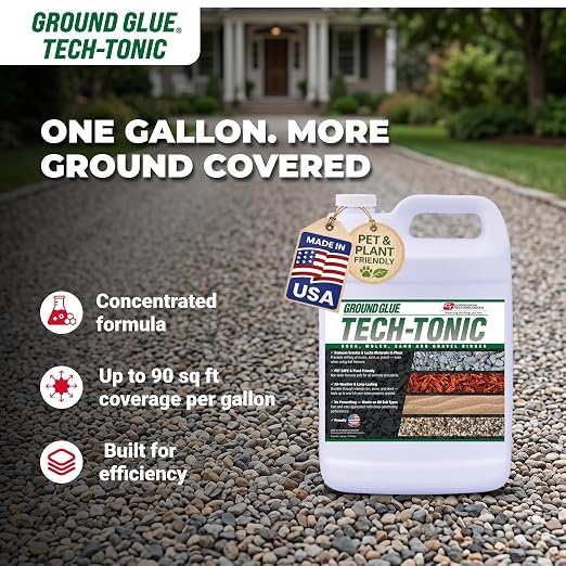 Ground Glue® Tech-Tonic Landscape Binder, Water Permeable Rock & Mulch Stabilizer for Garden Bed Soil, Sand, & Pea Gravel, Weatherproof & Pet Safe Adhesive for Trails & Slopes, Made in USA, 1 Gallon | For Rock, Mulch, and Sand, Long-Lasting Stabilizer ...