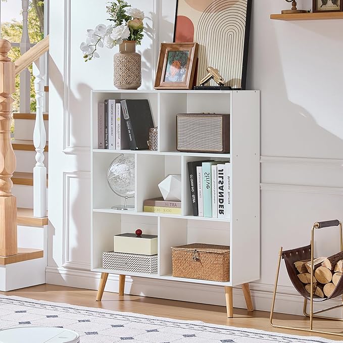 LEYAOYAO Cube Bookshelf, Mid-Century Modern Book Shelf with Legs, White | 3 Tier Bookcase, Rustic Wood Bookshelves Freestanding Small Storage Organizer, Open Shelves for Bedroom, Living Room, Office