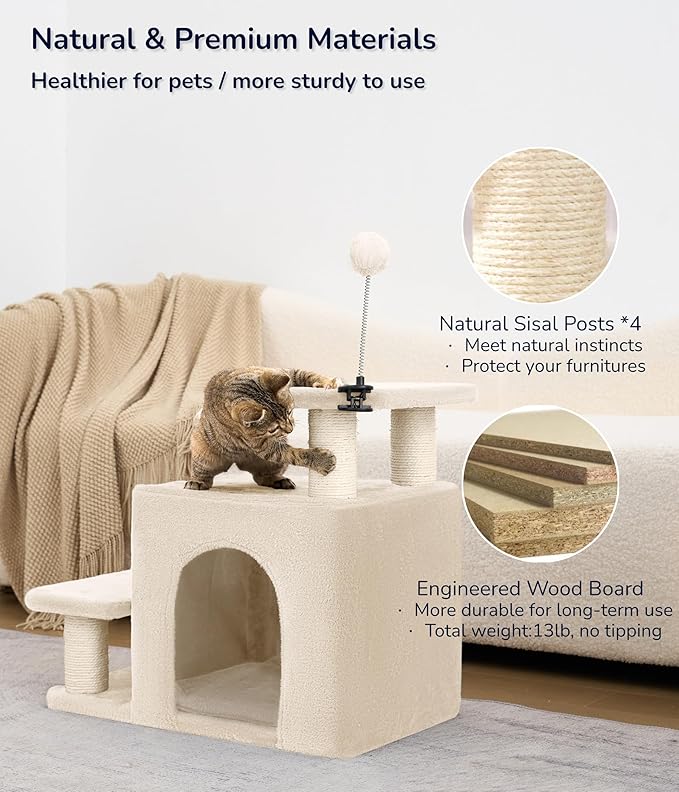 Happi N Pets Cat Stairs with Cat Scratching Post & Large Condo, Stable Pet Steps for High Beds Couch, 3 Combinations Ramp Tree Tower for Cats or Small Dogs, Removable Cushion & Bonus Toy, Beige