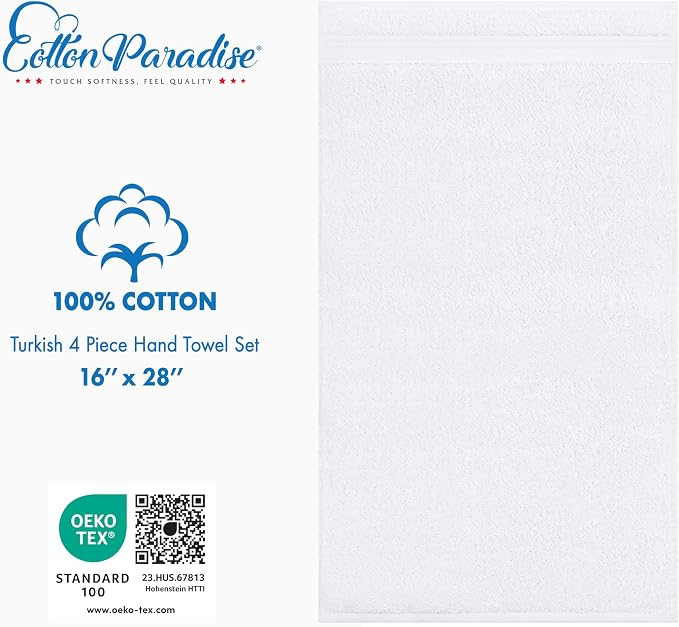 Cotton Paradise 100% Cotton Turkish Towel Set, Soft Absorbent Quick Dry, 4 Piece Hand Towel Set, Snow White