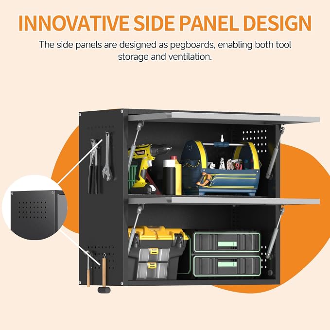 Metal Garage Wall Cabinet with Up-Flip Door, Black Float Tool Cabenit with 2 Doors,Upper Storage Cabinets with Pegboard for Kitchen,Garage,Workshop,Warehouse (25.6" H,Black&Gray)