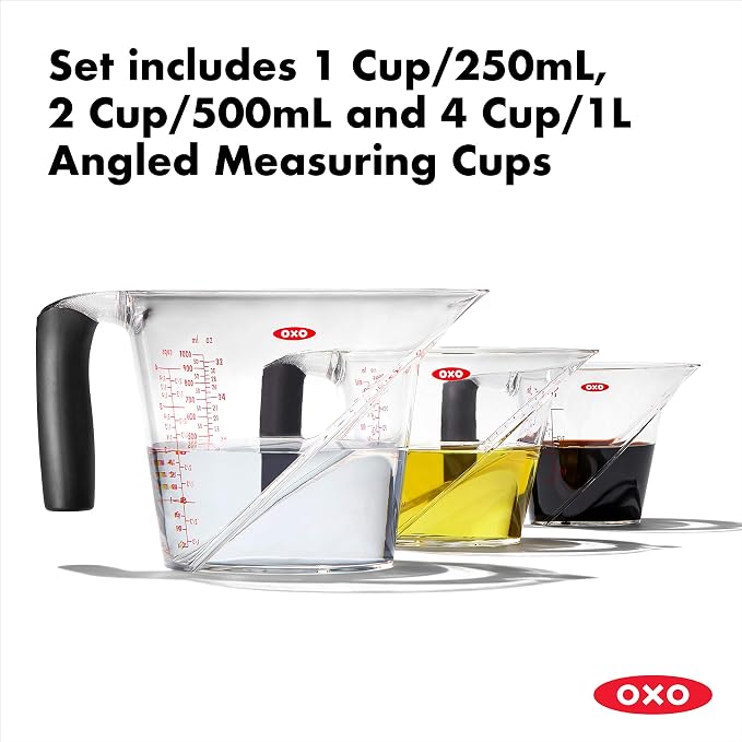 OXO Good Grips 3-Piece Angled Measuring Cup Set, Black & Good Grips 4 Piece Stainless Steel Measuring Spoons with Magnetic Snaps