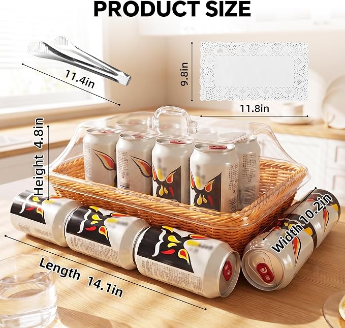 Rattan Bread Baskets, 3 Pack, rectangular Woven Baskets with Acrylic Lids, 13.8 x 9.8 inches, Stainless Steel Tongs, Lace Doilies, for Bread, Fruit, Food Display