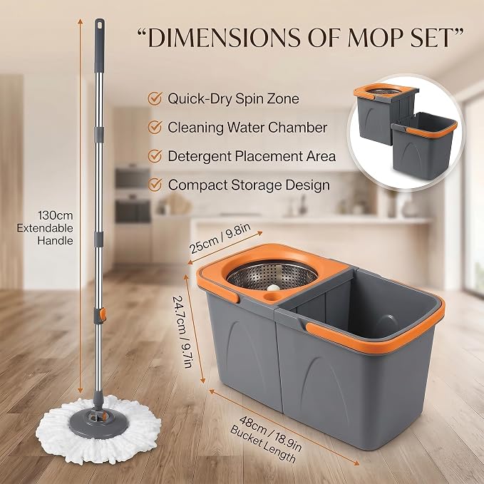 Spin Mop and Bucket Set with 3 Extra Heads, 130cm Extendable Handle - Grey and Orange, Microfibre Mop Head, Self-Wringing System, for All Hard Floors and Tiles