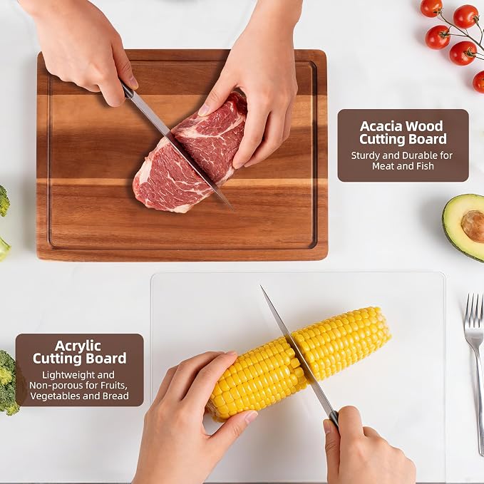 Acrylic Cutting Board and Acacia Wood Cutting Board Set - 2-Piece Cutting Boards for Kitchen, Acrylic Cooking Board with Counter Lip & Wooden Chopping Boards with Juice Groove