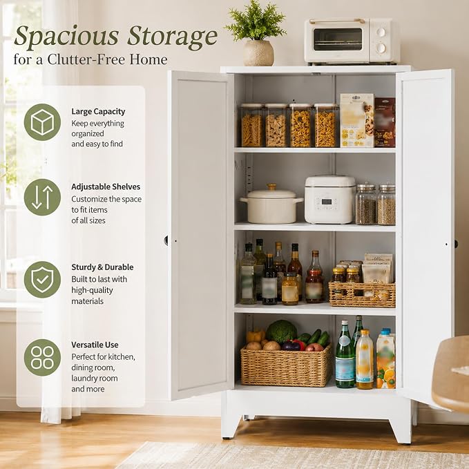 AQY Metal Pantry Cabinet, White Kitchen Storage Cabinet with Doors | Adjustable Shelves Freestanding Storage Metal Cabinet Kitchen, Dining & Bathroom Organization