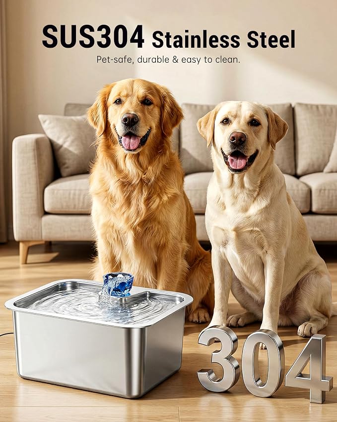 PETNF 3-Gallon 304 Stainless Steel Dog Water Fountain for Large Dogs, Extra Wide Drinking Area, Automatic Water Bowl Dispenser for Large Dogs & Multi-Pet Homes, 7-Stage Filtration System, Quiet Pump