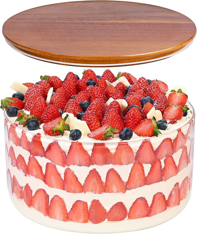 LOVYANXUE Glass Trifle Bowl with Acacia Wood Lid, 197 oz Large Glass Salad Bowl - Versatile Mixing and Serving Dish for Cake, Salad, Fruit, Baking, Dessert, Meal Prep, Storing, Microwave & Oven Safe