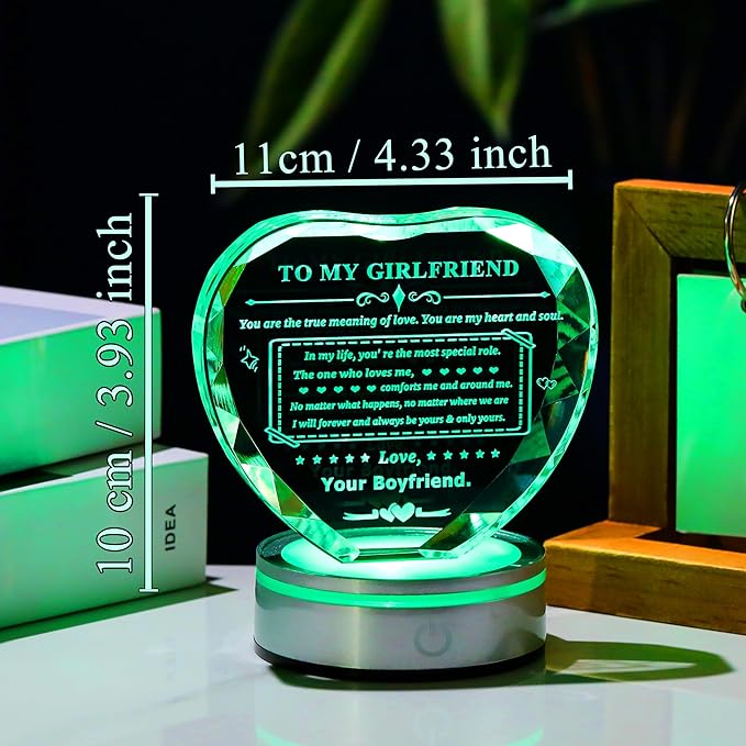 Gifts for Girlfriend Crystal Heart with LED Base Gifts to My Girlfriend from Boyfriend Romantic Anniversary Birthday I Love You Gifts for Her