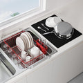 JASIWAY Red Dish Drying Rack in Sink with Mat, Cups and Utensil Holder | Use Over the Sink or Counter, Stainless Steel Expandable Dish Drainer for Small Kitchen, Space Saving, Fast Drain, Rustproof
