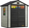 DWVO 6x4.4 FT Outdoor Storage Shed with Fence-Style and Side Windows, Lockable Door and Vents Resin Storage Shed for Garden, Backyard, Patio, Lawn