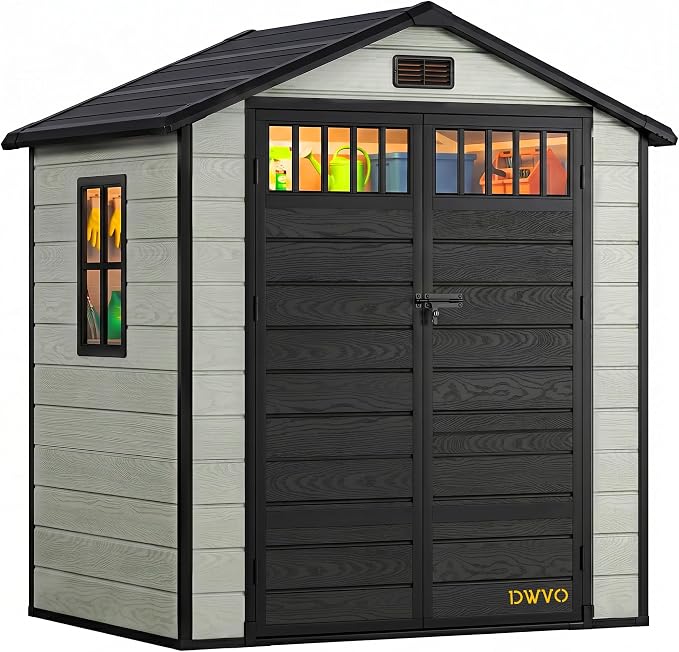 DWVO 6x4.4 FT Outdoor Storage Shed with Fence-Style and Side Windows, Lockable Door and Vents Resin Storage Shed for Garden, Backyard, Patio, Lawn