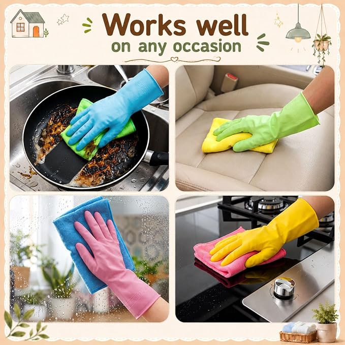 Fanfanwin 48 Pcs Colorful Household Cleaning Set Including 24 Pairs Rubber Cleaning Gloves and 24 Microfiber Cloth Non Slip Reusable Gloves for Household Kitchen Bathroom Supplies