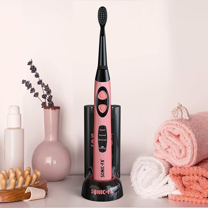 Sonic-FX Solo Electric Toothbrush w/ 10 Brush Heads + 1 Interdental, Charcoal Bristles, Rechargeable, Charging/Storage Base, 3 Brush Modes, Smart Timer, 2 Months Use on Full Charge, Coral Color