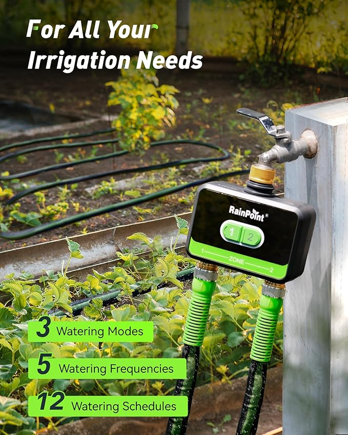 RAINPOINT Smart Water Timer, Smart Hose Timer 2 Outlet with Brass Inlet & Outlet (Not Gateway), Wireless Sprinkler Controller with Rain Delay, Automatic Irrigation System for Lawns and Yard