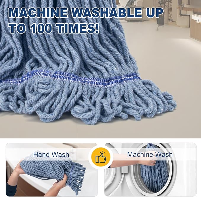 KeFanta 2 Pack Commercial Mop Heavy Duty Industrial Mops,60 inch Long Handle with Looped-End String Cotton Wet mop Head Replacement for House,Kitchen,Laminate,Tile,Vinyl,Hardwood Floor Cleaning(Blue)