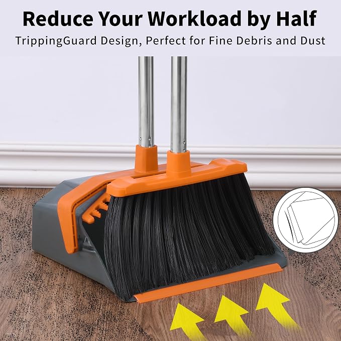 Tiumso Broom and Dustpan Set with 51'' Long Handle, Upright Broom and Dustpan Combo for Home Kitchen Office Restaurant Garage Lobby Dog Cat Pets Hair - Grey and Orange