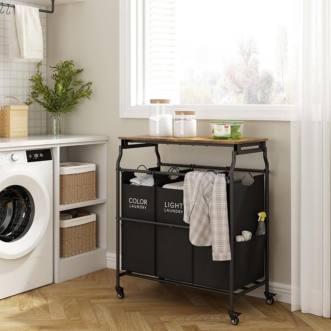 Hoctieon 3 Section Laundry Sorter with Iorning Board, Laundry Hamper, Black | Lockable Wheels, Laundry Basket Organizer with Wheels, Heavy Duty Clothes Organizer, Large Clothes Separator, Removable Bags