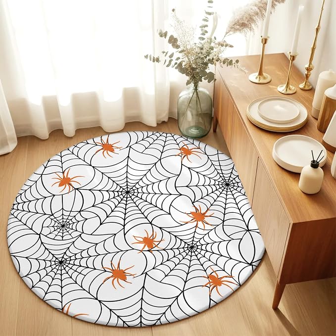 Round Area Rug 6', Halloween Washable Area Rugs for Living Room Kitchen Bedroom Nursery Dining Room, Black Net Classic Spiders Gingham Orange Non Slip Door Mat Indoor Floor Throw Circle Carpet