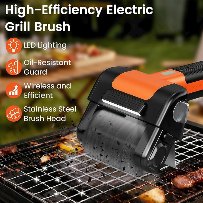 Electric Grill Brush, 950 RPM Cordless Electric BBQ Grill Cleaner with 4500mAh Battery, LED Light, 304 Stainless Steel Brush Head, Grill Clean for Outdoor Grill, No Preheating for Father's Day
