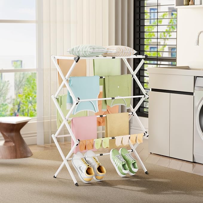 Foldable Clothes Drying Rack - 3-Tier Laundry Drying Rack, Collapsible Metal Indoor Airer, Portable X-Type Clothing Dryer with Shoe Hanger for Home & Balcony (No Assembly Required)