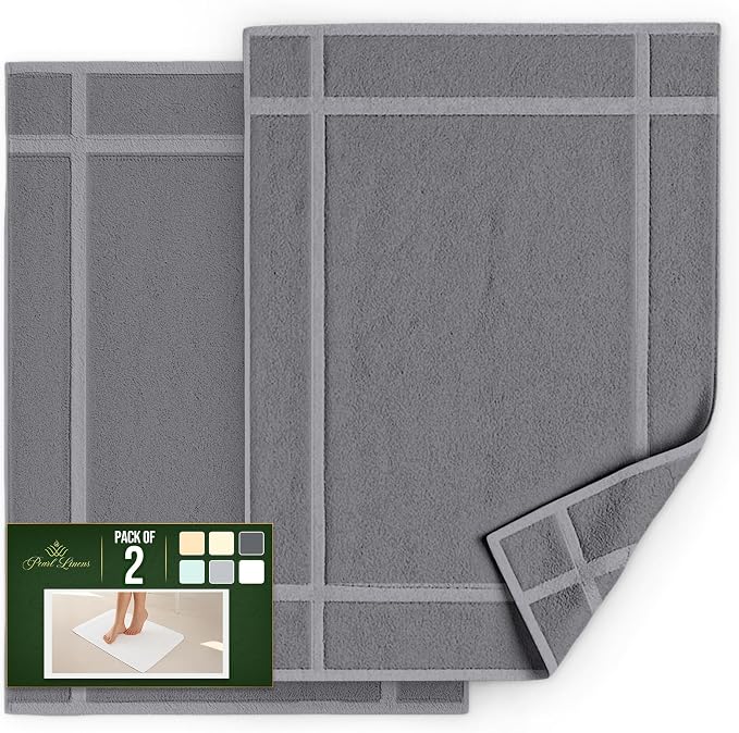 Pearl Linens 100% Ring Spun Cotton Bath Mat (Pack of 2) 18 x 25 Inch, Washable, Soft & Absorbent Terry Bathroom Floor Mat – Not Bathroom Rugs – Quick-Dry After Shower Bath Mat, 781 GSM, Light Grey
