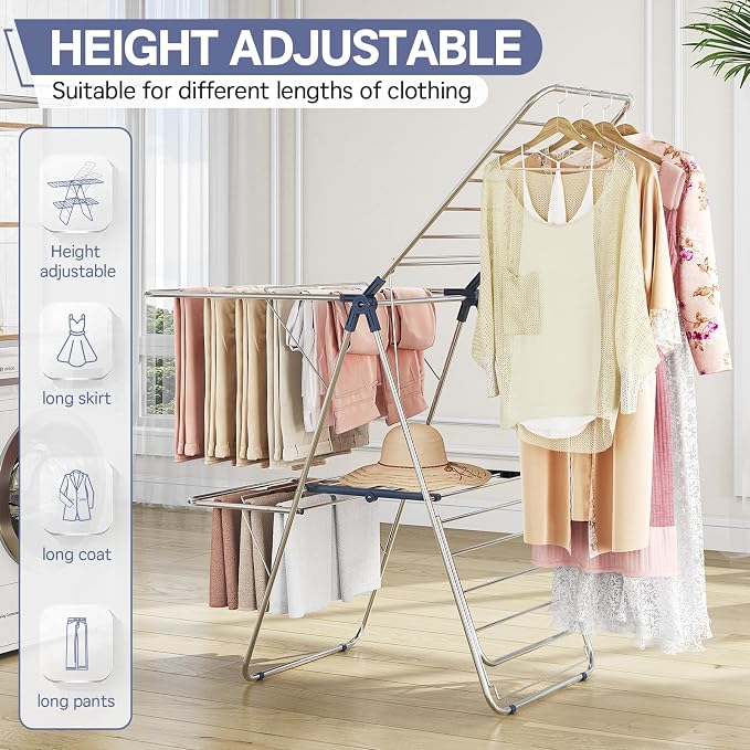 APEXCHASER Clothes Drying Rack with 4 Wings, Stainless Steel Drying Rack Clothing with Height-Adjustable, Foldable Gullwings Laundry Drying Rack, Indoor Outdoor Use, No Assembly, Regular Blue