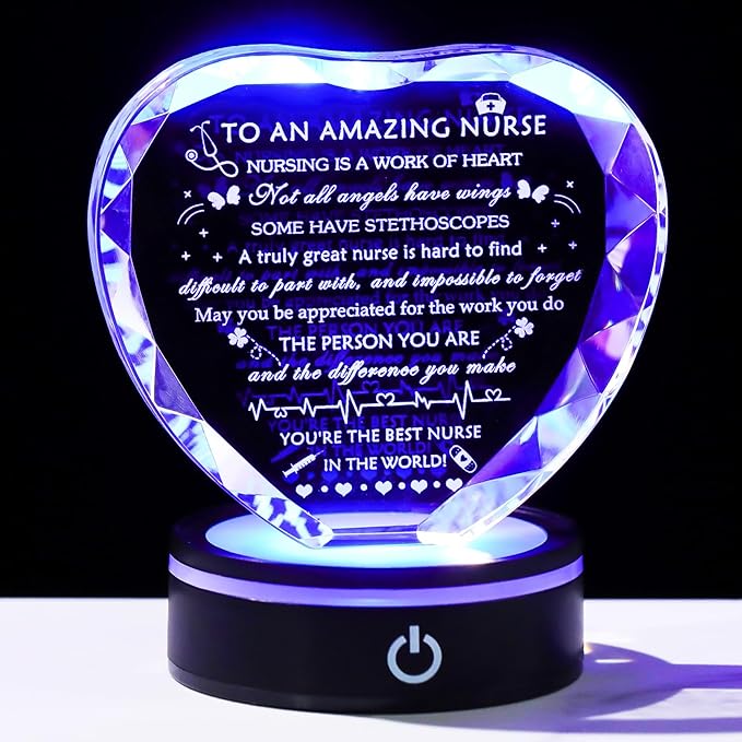 YWHL Nurse Gifts for Women with Light Base, Nurses Week Appreciation Gifts, Crystal Heart Present for Practitioner Female Nurse, Nursing School Students on Nurses Day Christmas Graduation Retirement