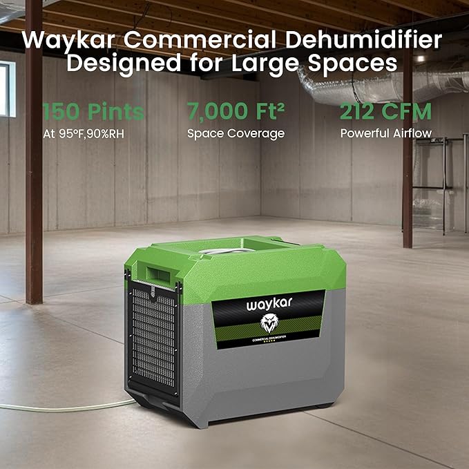 Waykar 150 Pints Commercial Dehumidifier with Pump & Drain Hose, 7,500 Sq. Ft LGR Industrial Dehumidifier for Basements, Job Site, Water Damage Restoration — Stackable & Durable, 5-Yr Coverage