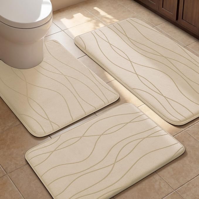 YIHOUSE Bathroom Rugs Set 3 Piece, Memory Foam Bath Mat Khaki | Ultra Soft, Absorbent, Non-Slip, Machine Washable, for Bathroom, Sink and Toilet