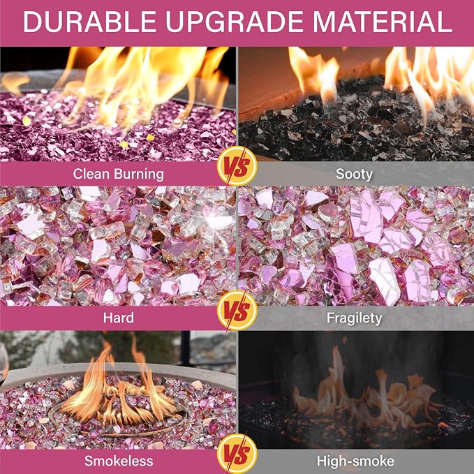 NUPICK 10 Pound Fire Glass, 1/4 Inch Reflective Fire Pit Glass | Tempered Fire Pit Rocks for Propane or Natural Gas, Glass Rocks for Fire Pit Table, Fireplace, Fire Bowl, Landscaping, Pink