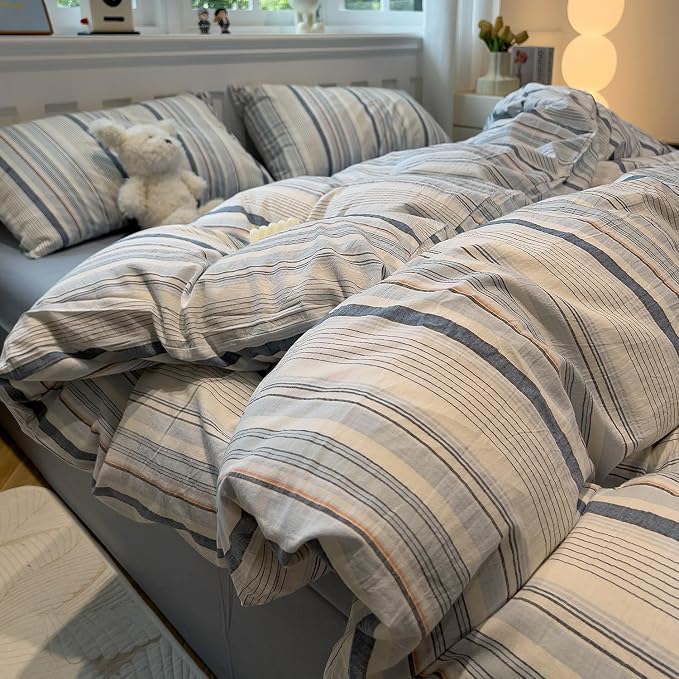 mixinni Vintage Blue and White Striped Duvet Cover Set Twin Size - 100% Washed Cotton 3 Piece Bedding Set with Geometric Pattern, Soft Breathable Comforter Cover with Zipper Closure & Corner Ties