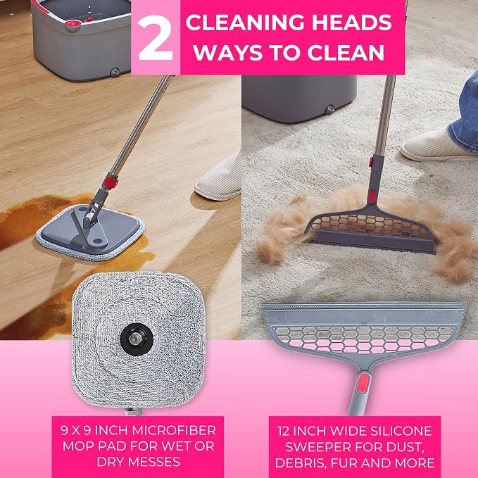 Heavy Duty Square Spin Mop for Floor Cleaning, Machine Washable Pads