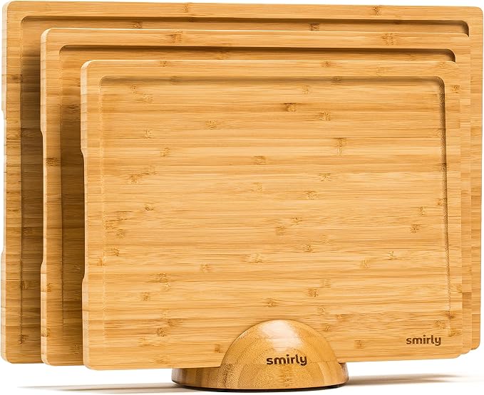 SMIRLY 3 Piece Bamboo Cutting Board Set with Stand for Kitchen | Built-in Handle, Deep Juice Groove, Non Toxic Real Wood, Multiple Sizes Wooden Cutting Boards Set of 3 with Holder