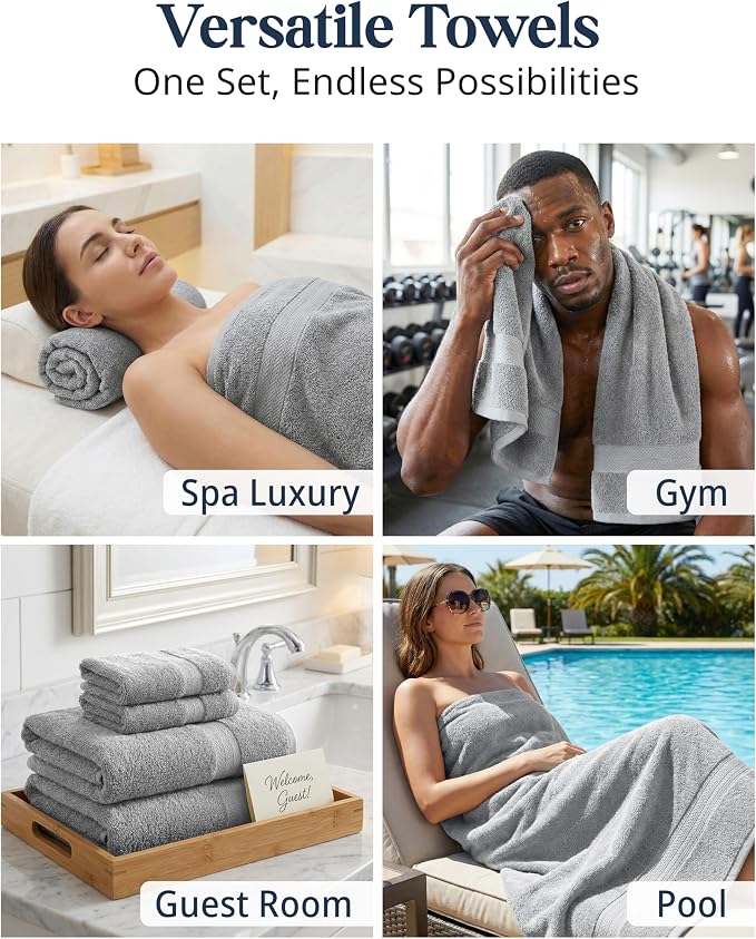 LANE LINEN Towel Set for Bathroom 6 Piece Soft Absorbent Quick Dry - Grey | Towels And Washcloths Sets - Oversized & Roomy, Lightweight & Breathable, Fade-Resistant Color, Classic Terry Weave