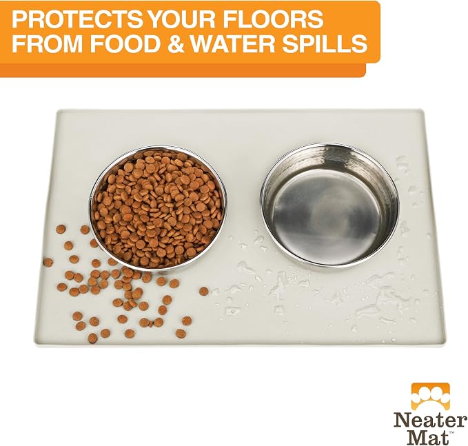 Neater Pet Brands Neater Mat Pet Mats for Food and Water, Cat & Dog Bowl Mat Waterproof Silicone, Feeding Tray, Dog Food Mats for Floors, Placemat w/Raised Edge for Under Bowls, 24" x 16", Cream