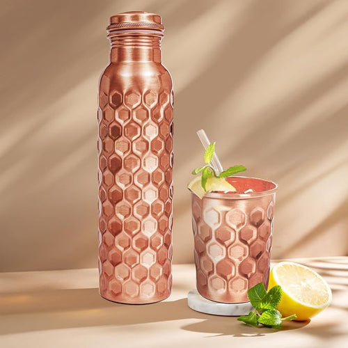 100% Pure Copper Water Bottle for Drinking, 32 Oz Large Diamond Ayurvedic Copper Bottle with Cleaning Brush, Leak-Proof Water Vessel_Diamond with Glass
