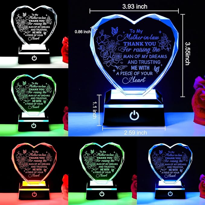 ZHSHWAT Heart Shaped LED Crystal Plaque - Engraved to My Mother in Law Thank You Gift, Perfect Birthday, Mother's Day Present from Daughter in Law/Son in Law