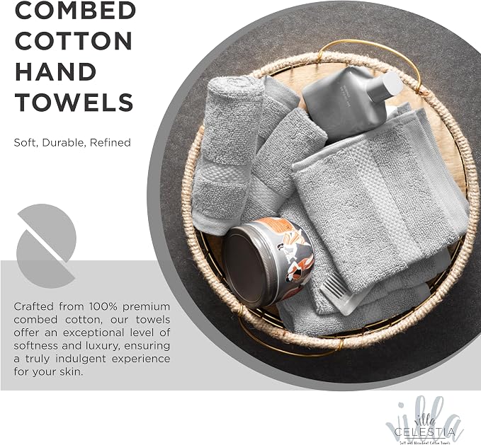 Villa Celestia Cotton Hand Towels Set of 2, 16 x 28, Oeko-TEX Certified, Quick Dry, Silver