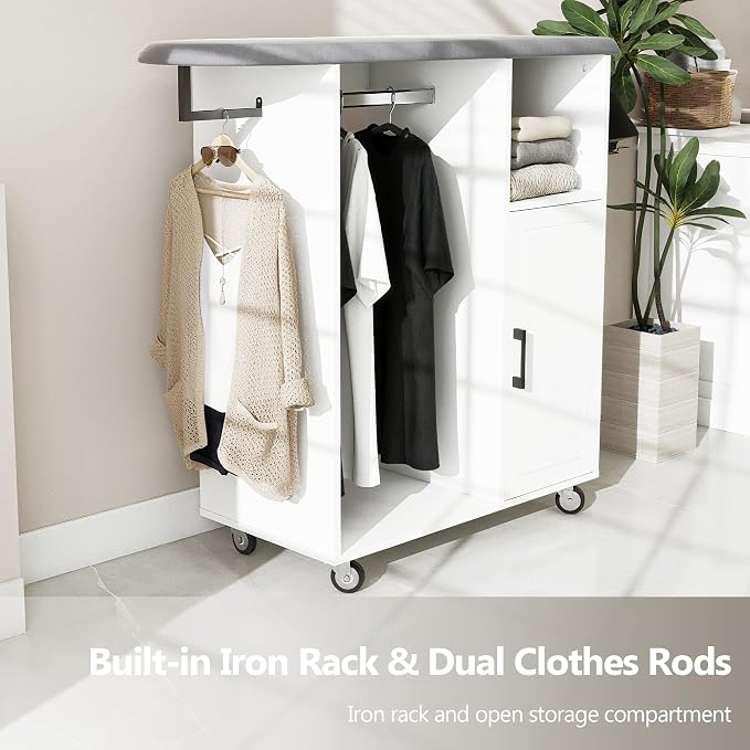 Rolling Ironing Board with Storage, Ironing Cart with Iron Holder and Coat Hanger, Multipurpose Ironing Cabinet with Wheels, Suitable for Laundry Room, Bedroom, Coat and hat, White