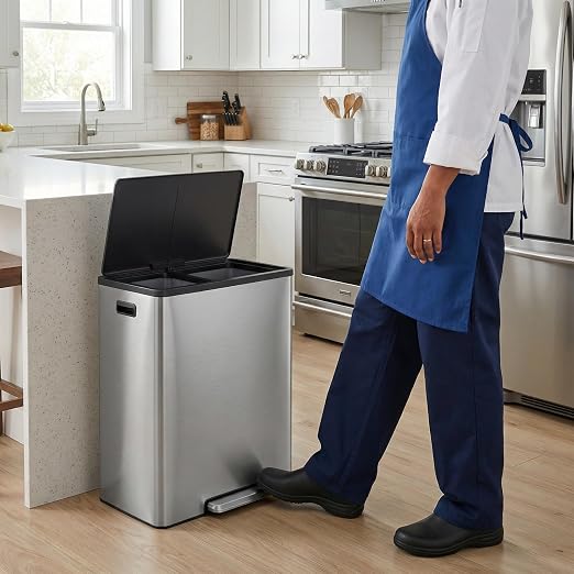 GarveeHome 16 Gallon Dual Compartment Trash Can, Stainless Steel Recycling Trash and Recycle Bin Combo with Step Pedal, Silent-Close Lid, Odor Control & Pet-Proof Design for Kitchen, Office