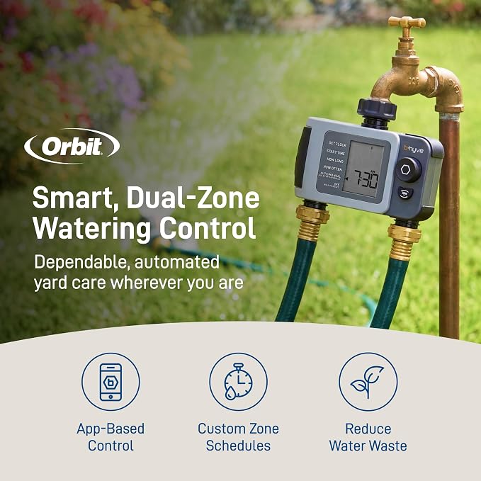 Orbit B-hyve XD 2-Port Smart Hose Watering Timer - Features Dual Outlet Irrigation Control - App Controlled Watering Timer with Bluetooth - Weatherproof Battery Powered - 24632