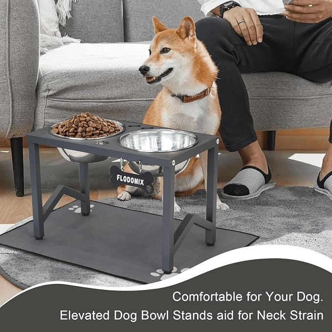 Elevated Dog Bowls, Metal Raised Dog Bowl Stand with 2 Thick 58oz Stainless Steel Food Bowls & Non-Slip Mat - 11.8" Tall for Medium/Large Breeds(Grey)