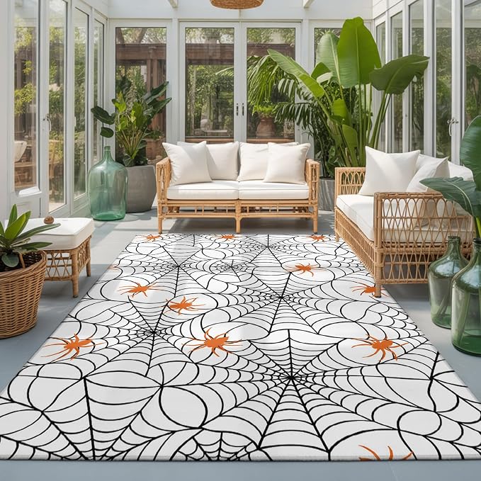 Area Rug 3'x5', Halloween Washable Large Area Rugs for Kitchen Bedroom Laundry Bathroom Office, Black Net Classic Spiders Gingham Orange Non Slip Door Mat Indoor Entryway Floor Accent Throw Carpet